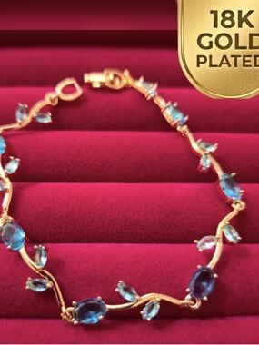 18K Gold Plated Bracelet W/ Blue Oval & Leaf Zircon Design - Elegant Jewelry B03